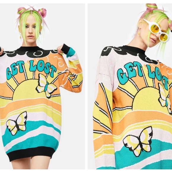 Current Mood Sweaters - Dolls Kill Current Mood Get Lost Oversized Intarsia Knit Tunic Sweater Size Sm